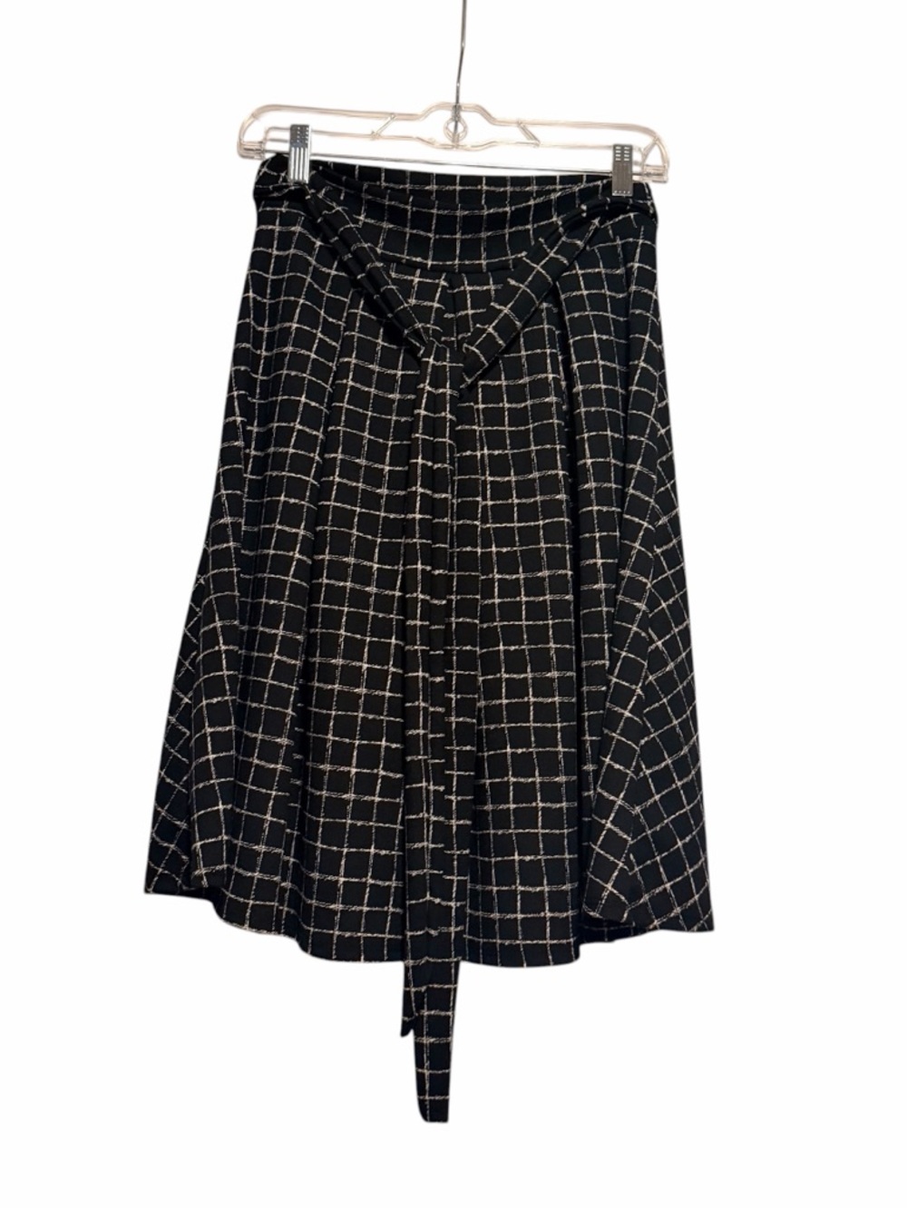 See You Monday Black Windowpane A-Line Tie-Waist Midi Skirt Size Medium